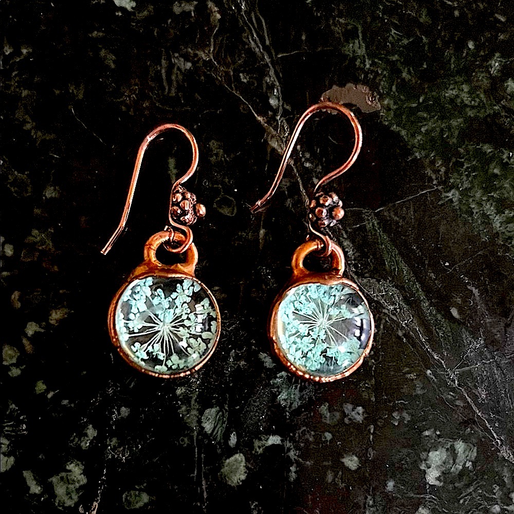 Elegant Copper and Baby Blue Queen Anne’s Lace Dangle Earrings